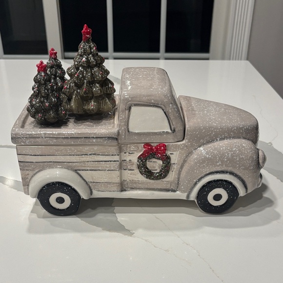 Festive Cookie Jar/ Storage Ceramic Vintage Style Truck w Christmas Trees 12x6x6